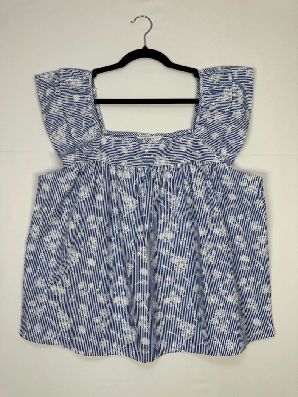 Liverpool Los Angeles Cotton Poplin Blouse Blue Stripe Floral Square Neck